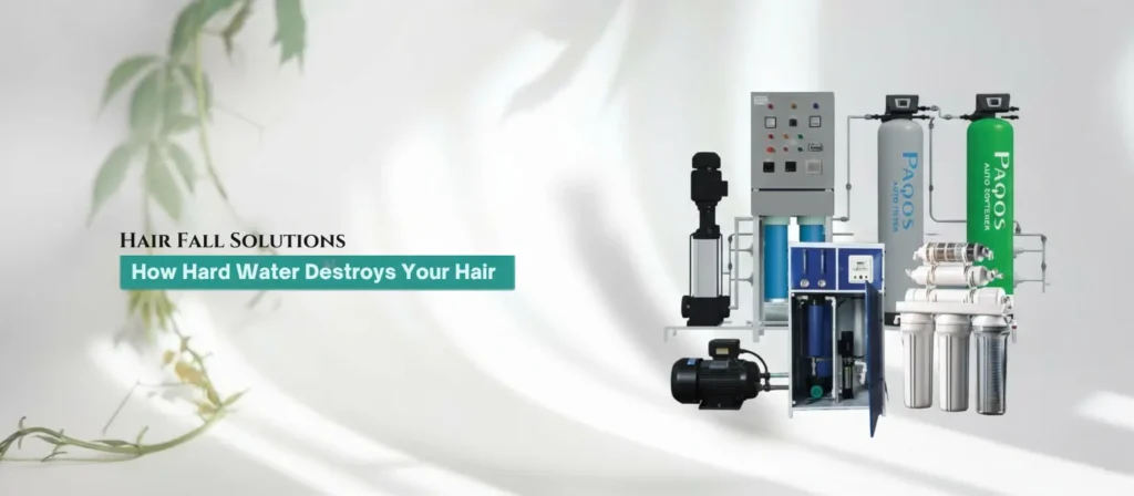 Image showcasing a water filtration system with various filters and components. In the foreground, the text 'Hair Fall Solutions' is displayed, followed by 'How Hard Water Destroys Your Hair,' in a professional, clean font. The background features a soft, blurred design with some greenery, highlighting the focus on water filtration for hair care.