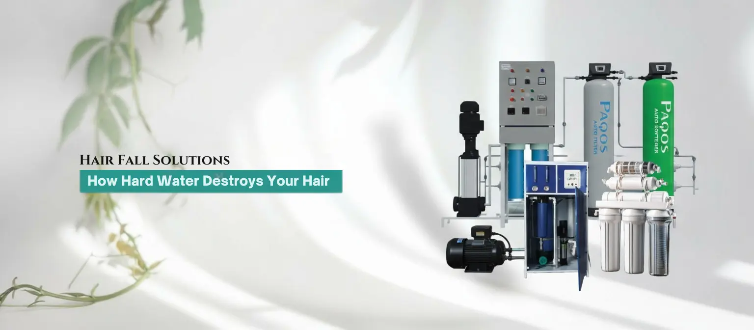 Image showcasing a water filtration system with various filters and components. In the foreground, the text 'Hair Fall Solutions' is displayed, followed by 'How Hard Water Destroys Your Hair,' in a professional, clean font. The background features a soft, blurred design with some greenery, highlighting the focus on water filtration for hair care.