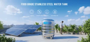Premium food-grade stainless steel water tank by Paqos, placed in a lush garden setting in front of a modern eco-friendly home. The tank is prominently displayed with vibrant greenery, flowers, and palm trees surrounding it, emphasizing sustainability and durability.