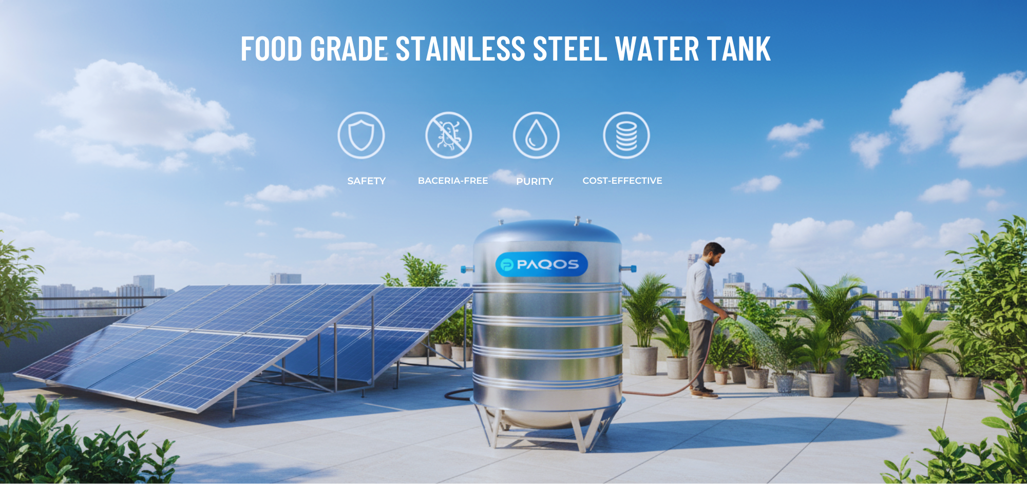 "Premium food-grade stainless steel water tank by Paqos, placed in a lush garden setting in front of a modern eco-friendly home. The tank is prominently displayed with vibrant greenery, flowers, and palm trees surrounding it, emphasizing sustainability and durability."