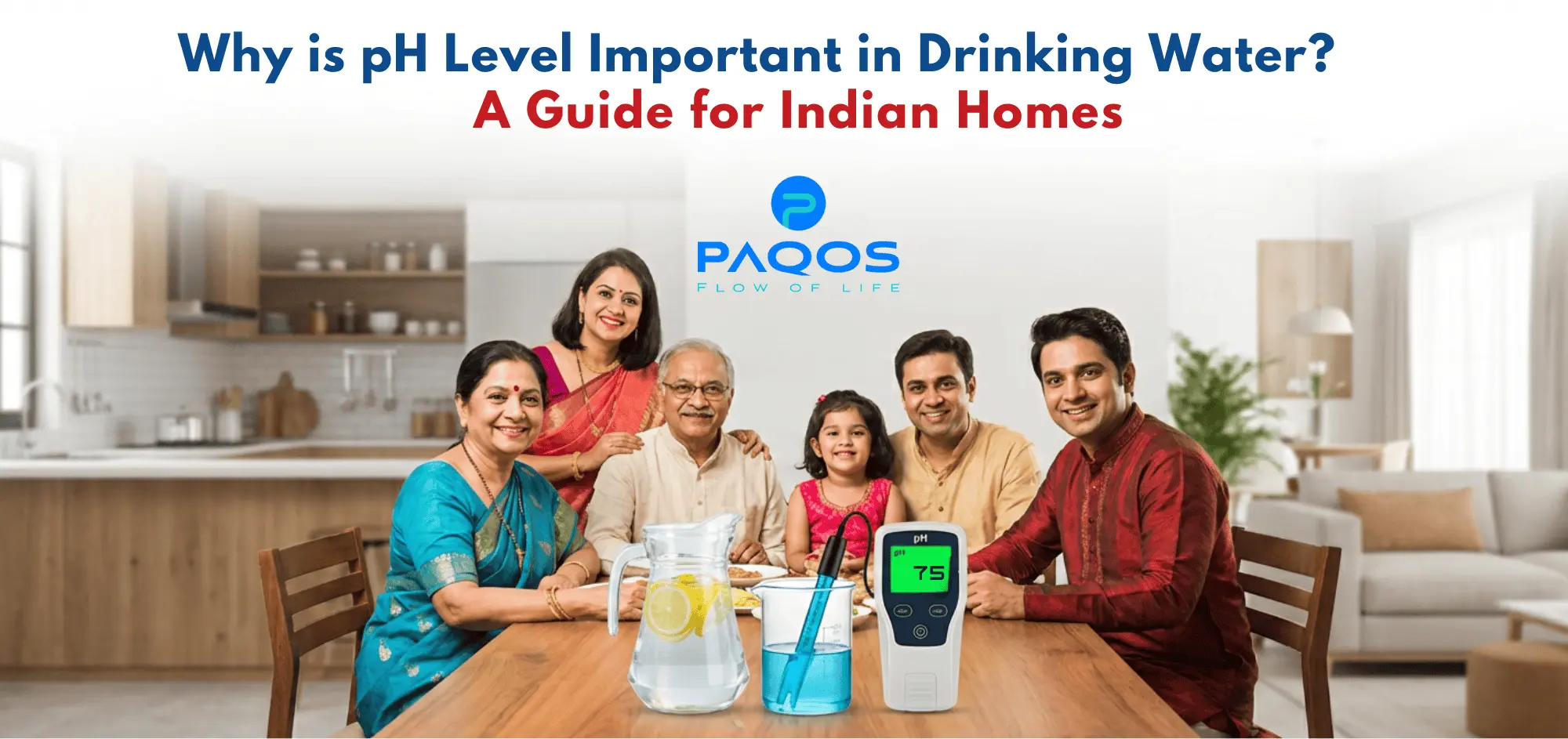 A clean glass of drinking water placed on a kitchen counter, with a digital pH meter showing balanced readings, highlighting Why is pH Level Important in Drinking Water?