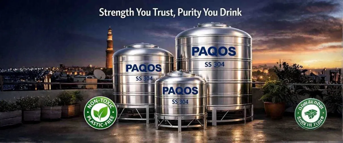 Buy stainless steel water tank Delhi for home SS 304 food grade stainless steel water tank Delhi NCR Overhead stainless steel water tank installation Delhi Paqos 1000 litre stainless steel water tank Delhi Food grade SS water tank with installation Delhi