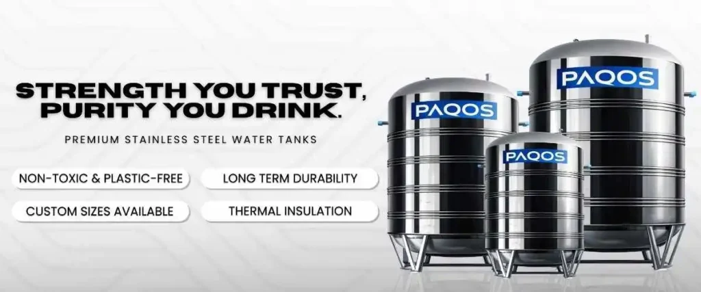Buy stainless steel water tank Delhi for home SS 304 food grade stainless steel water tank Delhi NCR Overhead stainless steel water tank installation Delhi Paqos 1000 litre stainless steel water tank Delhi Food grade SS water tank with installation Delhi