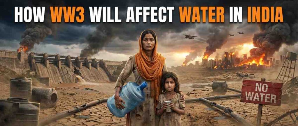 How WW3 will affect water in India infrastructure risk World War 3 impact on water supply in India illustration Water scarcity in India during global war concept image Effects of war on India’s drinking water resources Water crisis in India after World War 3 scenario illustration