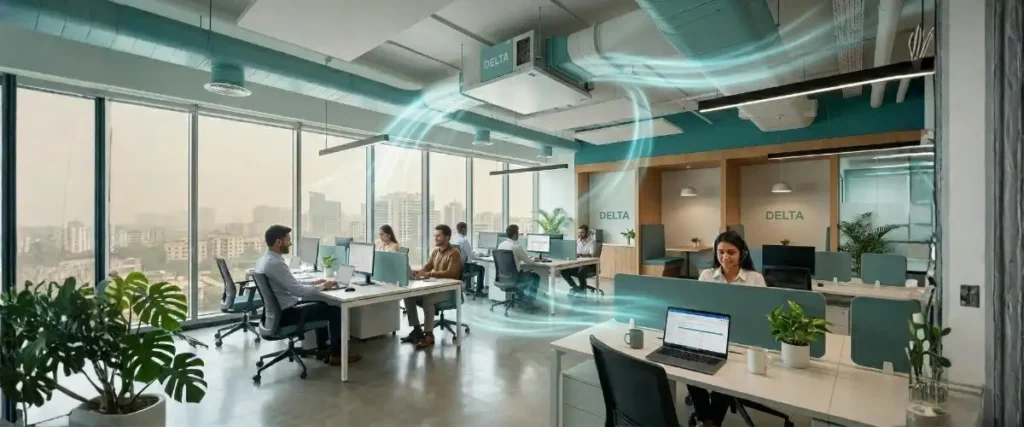ERV System for Office Delhi NCR installation setup Energy Recovery Ventilation system Delhi office Fresh air ventilation system for offices NCR workspace Commercial ERV installation Delhi NCR building HVAC ERV system for commercial buildings NCR interior