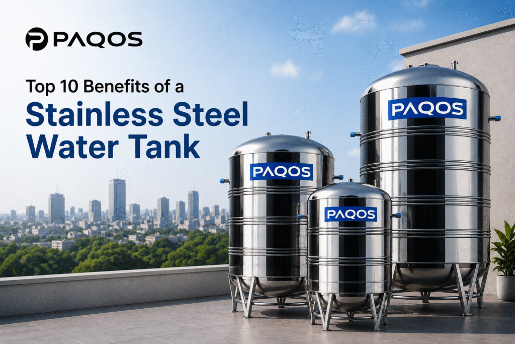 Paqos Stainless Steel Water Tank installed on a modern rooftop showcasing hygienic, durable, and rust-resistant water storage solution.