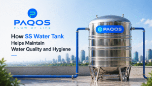 PAQOS SS Water Tank with dual outlet pipes installed on a rooftop, showcasing hygienic stainless steel water storage for maintaining water quality and hygiene.
