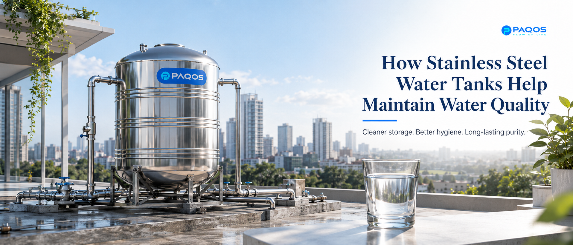Stainless steel water tank installed on rooftop for maintaining clean and hygienic water quality
