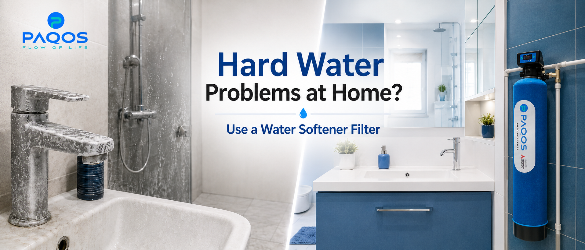 Paqos water softener filter installed for home use, helping reduce hard water problems, stains, scaling, and improving daily water quality.