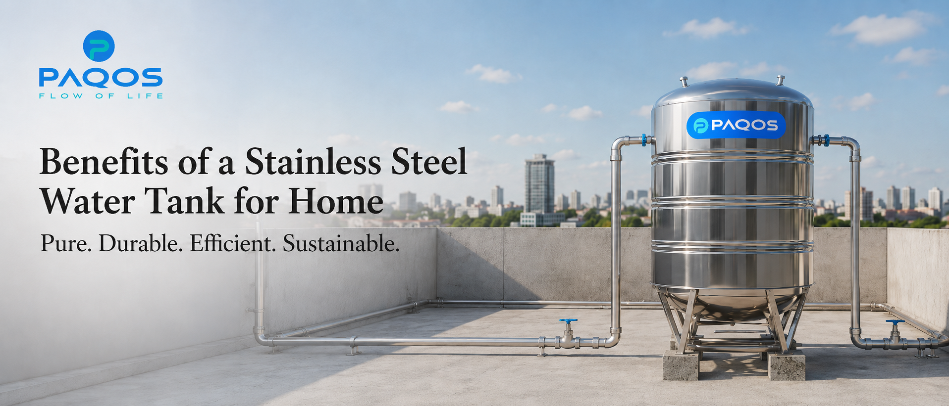 Paqos stainless steel water tank installed on a rooftop with metal outlet pipes for safe and hygienic home water storage.
