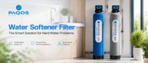 PAQOS water softener filter units installed in a modern home setting, showing a clean water solution for hard water problems and appliance protection.