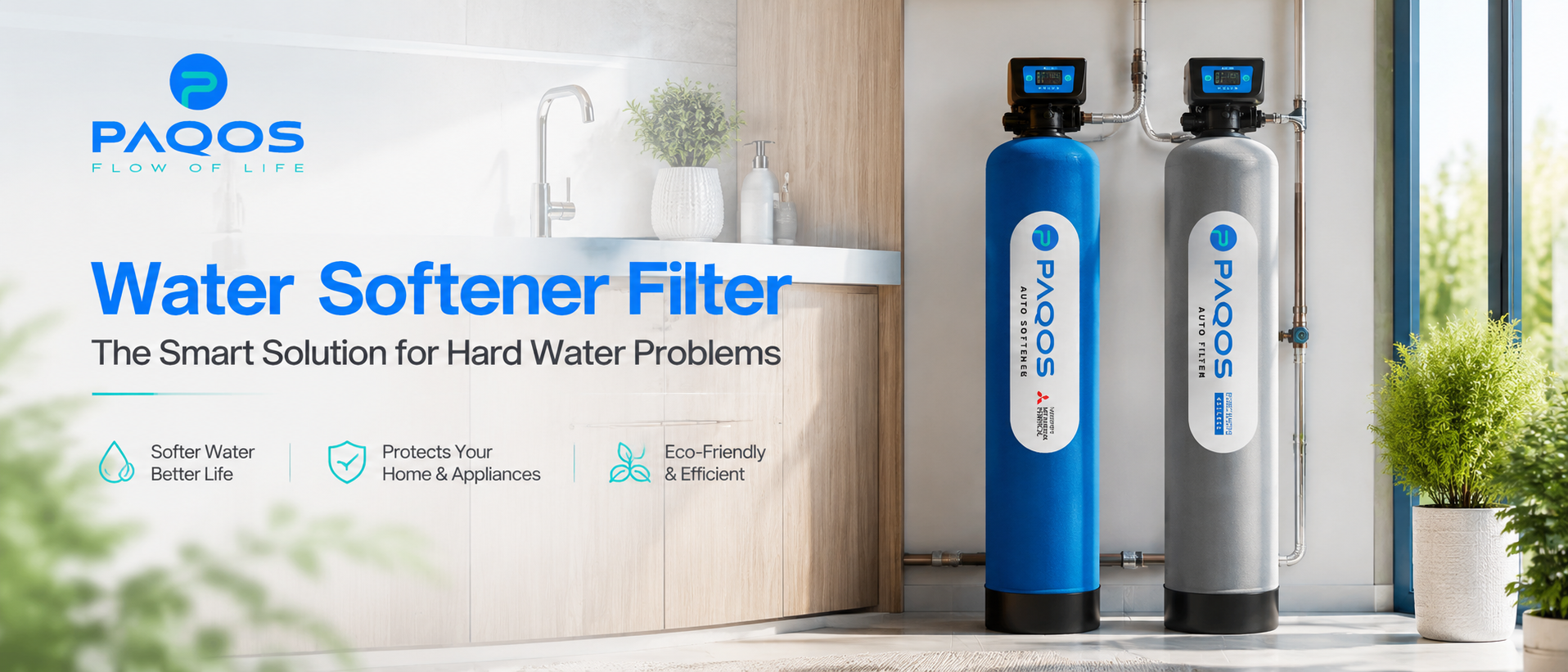 PAQOS water softener filter units installed in a modern home setting, showing a clean water solution for hard water problems and appliance protection.