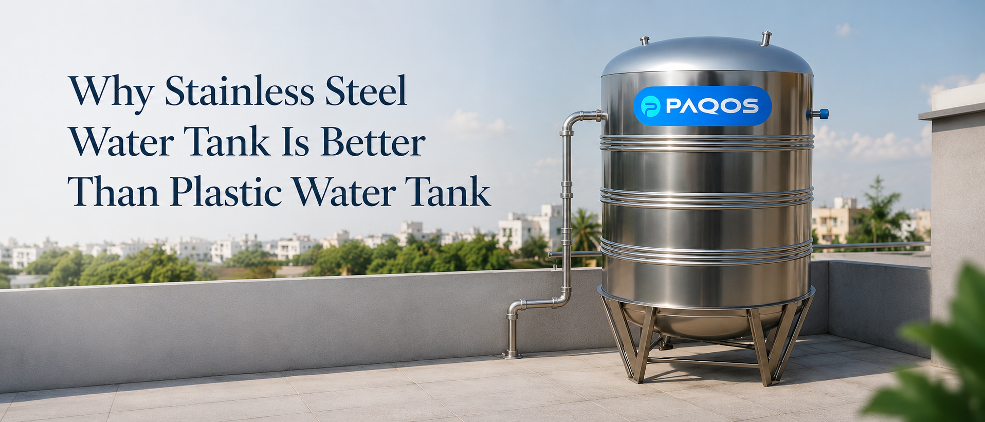 Paqos stainless steel water tank installed on a rooftop, showing a safe and hygienic alternative to plastic water tanks for home water storage.